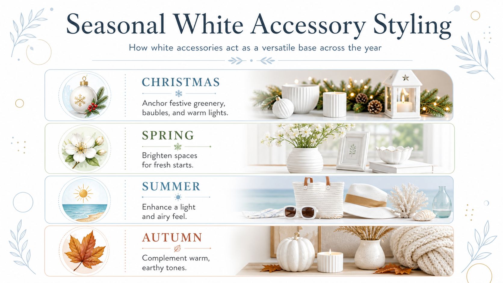 A visual guide showing how to style white home accessories across Christmas, Spring, Summer, and Autumn seasons.