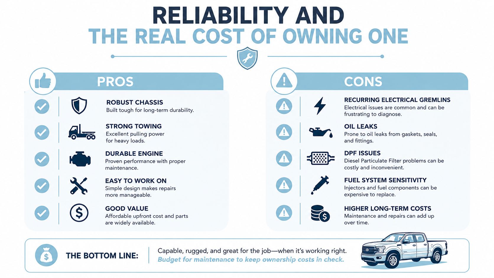 A comparison infographic showing the pros and cons of vehicle reliability and maintenance costs.