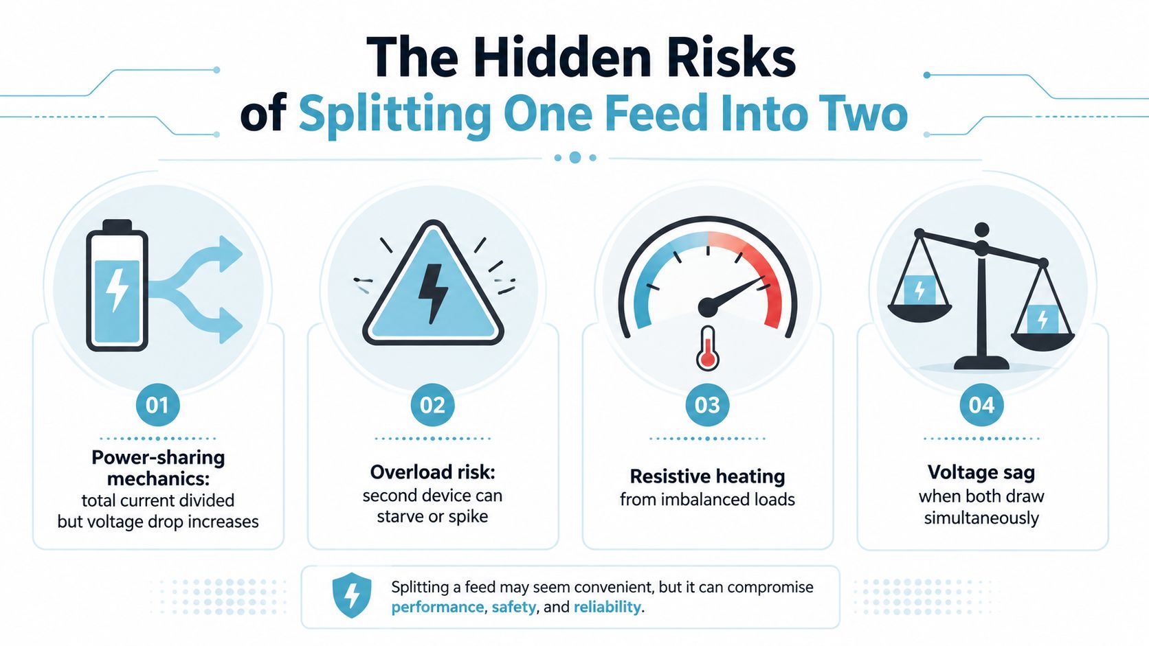 An infographic showing four risks of splitting one power feed into two, including load imbalances and voltage drops.