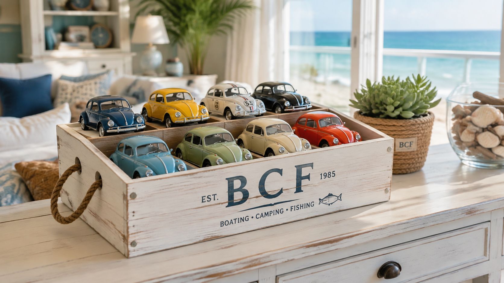 A rustic wooden storage crate containing seven colorful vintage miniature Volkswagen Beetle model cars on a table.