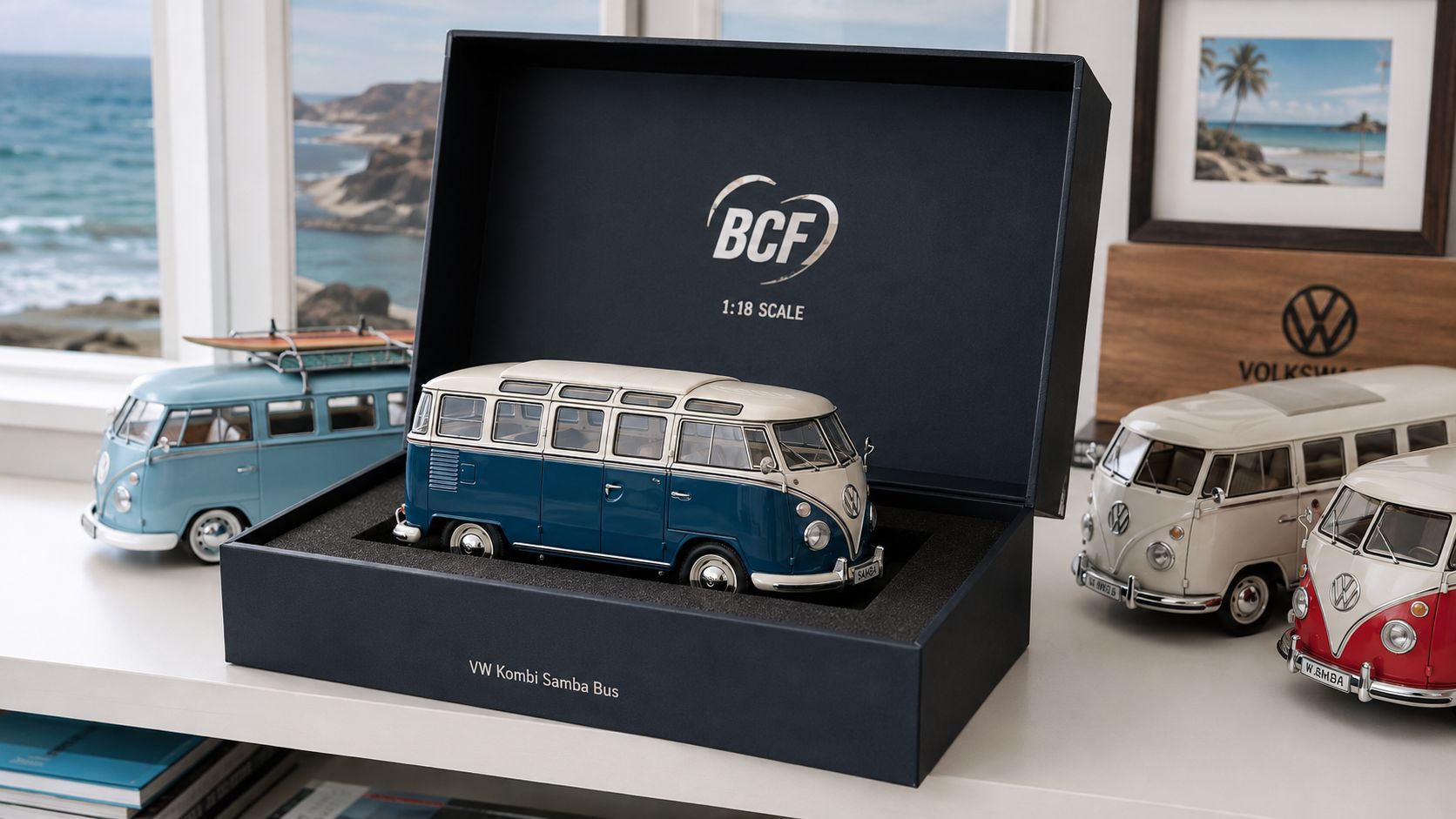 A premium blue and white Volkswagen Kombi Samba Bus model displayed in a BCF branded collector's box.