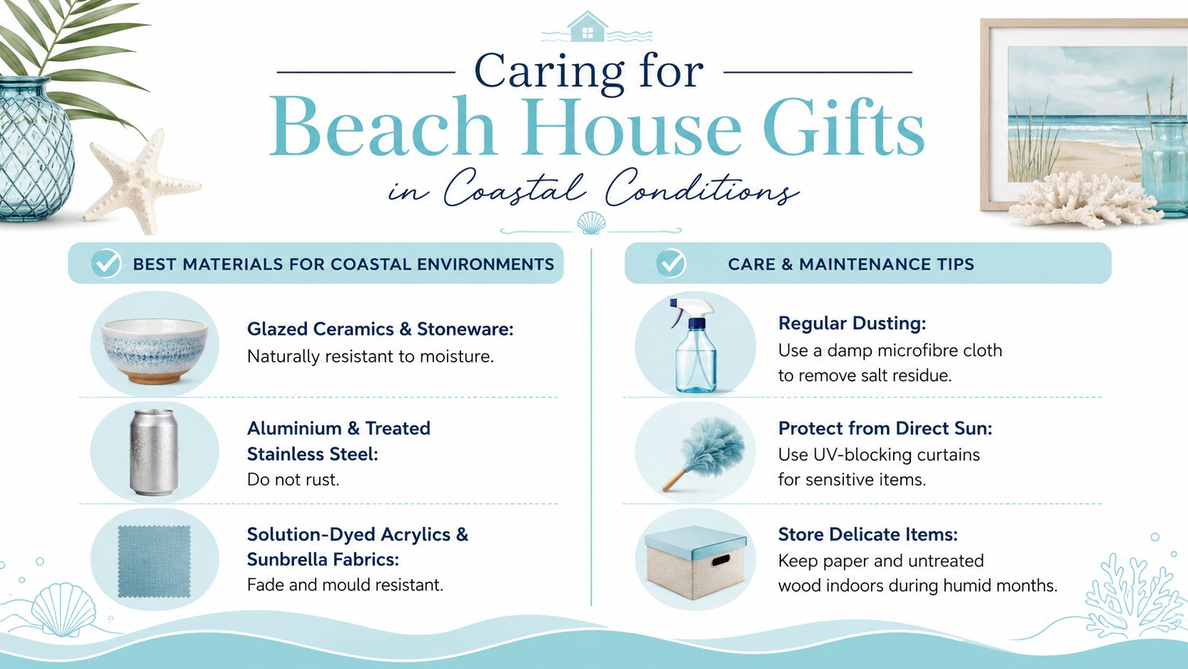 An infographic titled Caring for Beach House Gifts in Coastal Conditions featuring material and maintenance tips.