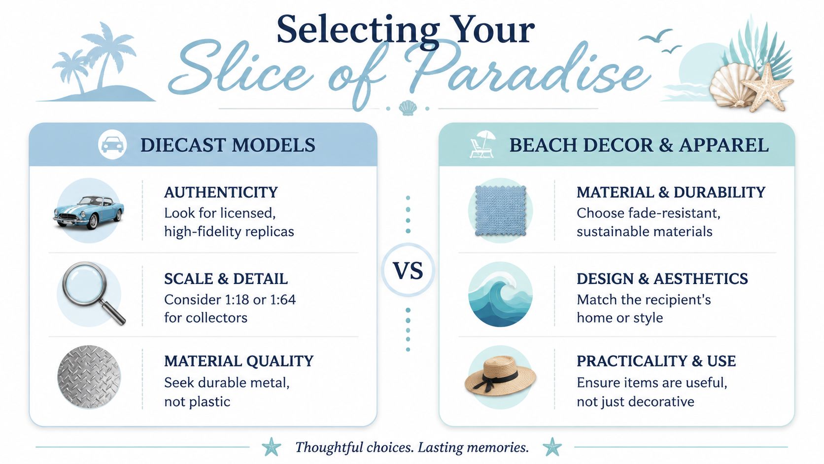An infographic comparing selection tips for diecast car models versus beach-themed home decor and apparel gifts.
