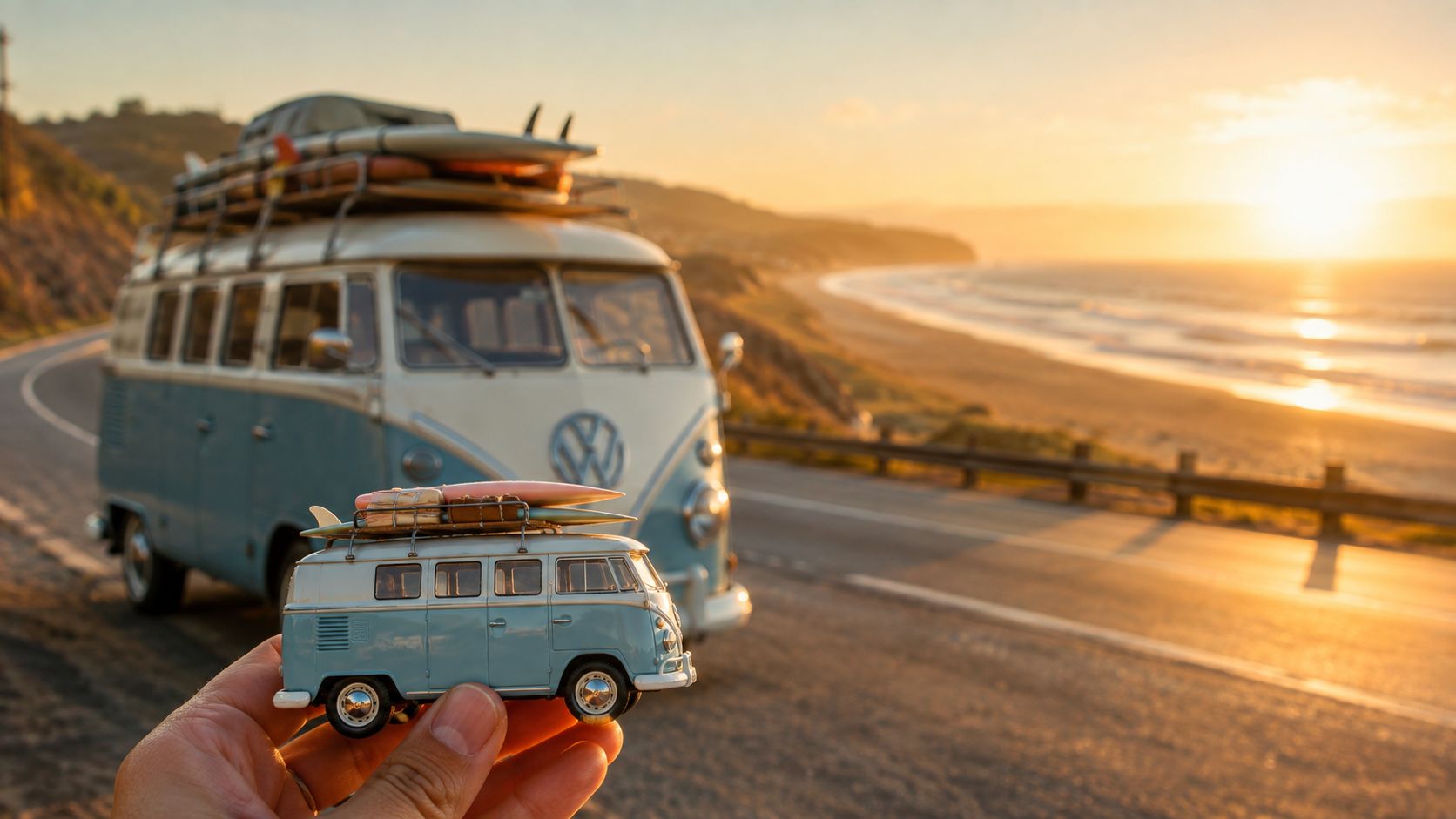 A hand holds a miniature vintage Volkswagen camper van against a full-sized van on a beach road.
