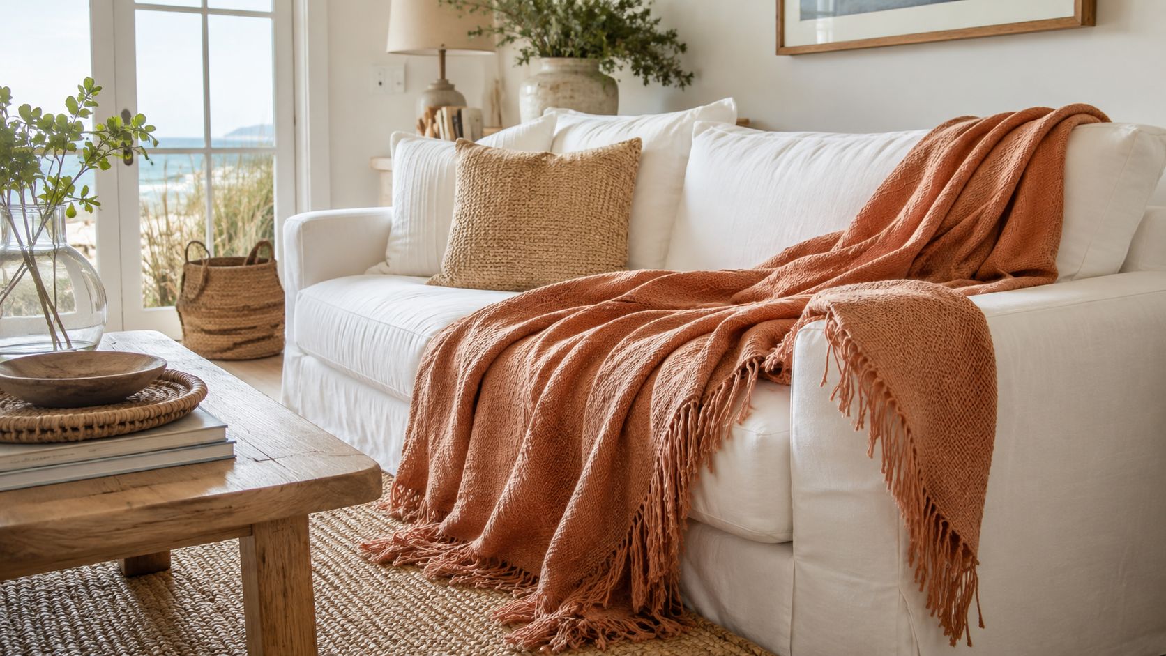 A cozy white couch decorated with a textured burnt orange throw blanket and a woven throw pillow.