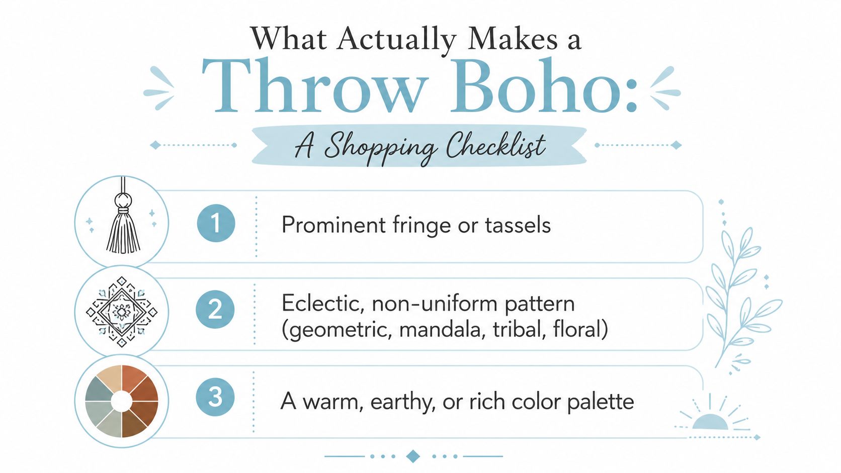 An infographic checklist for selecting boho throw blankets, featuring three key design elements including fringe, patterns, and colors.