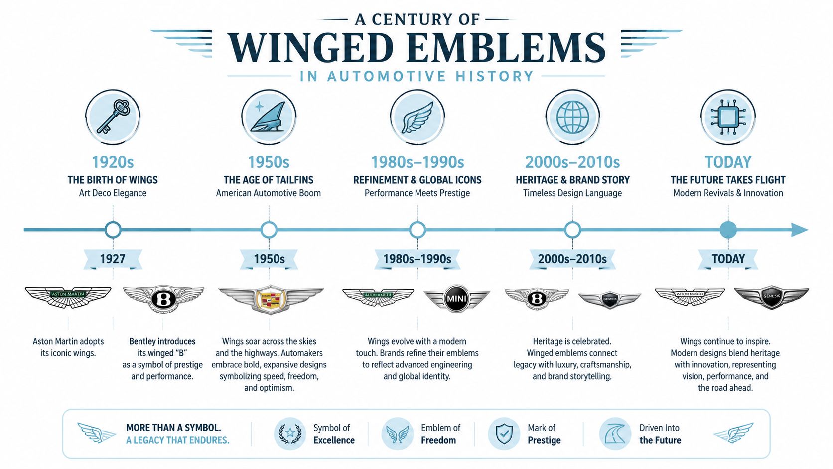 A timeline infographic illustrating the evolution and history of winged automotive emblems over the past century.
