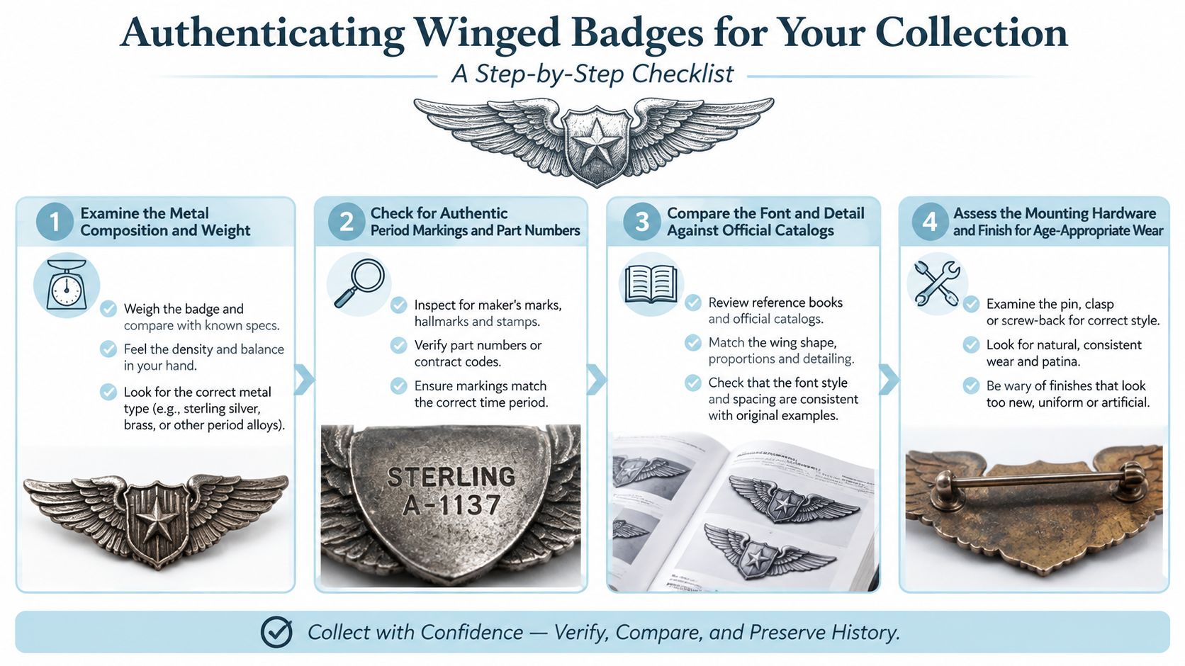 A four-step checklist infographic titled Authenticating Winged Badges for Your Collection, showing how to verify collectible badges.
