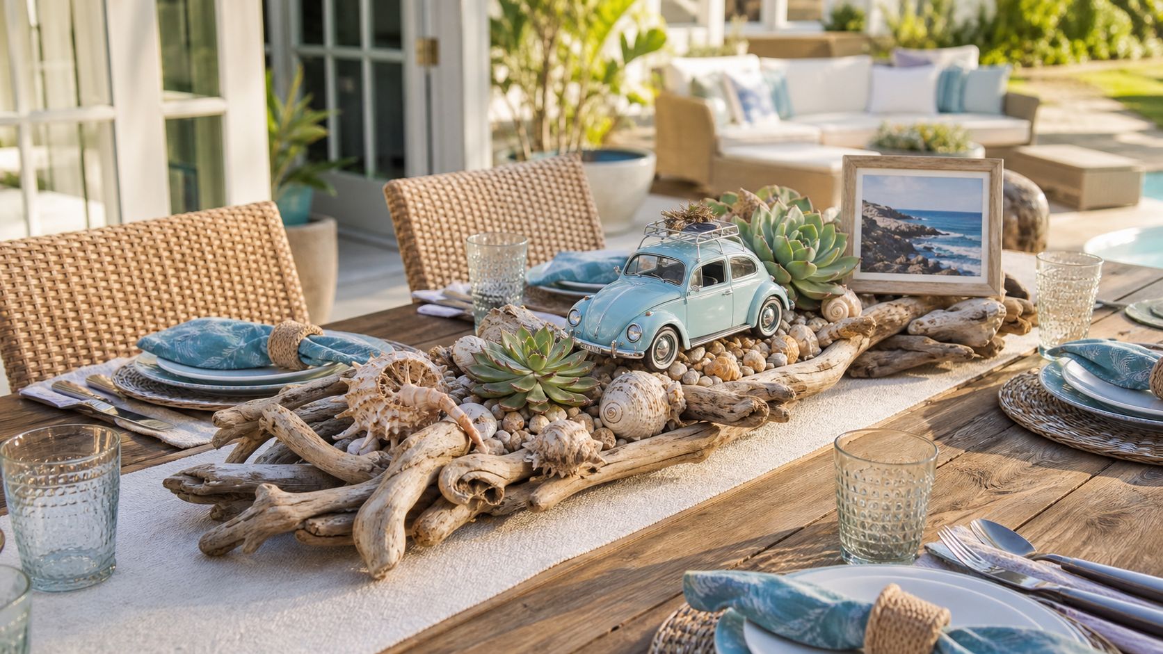 A coastal-themed table centerpiece featuring a model blue Volkswagen Beetle, succulents, seashells, and driftwood on a table.