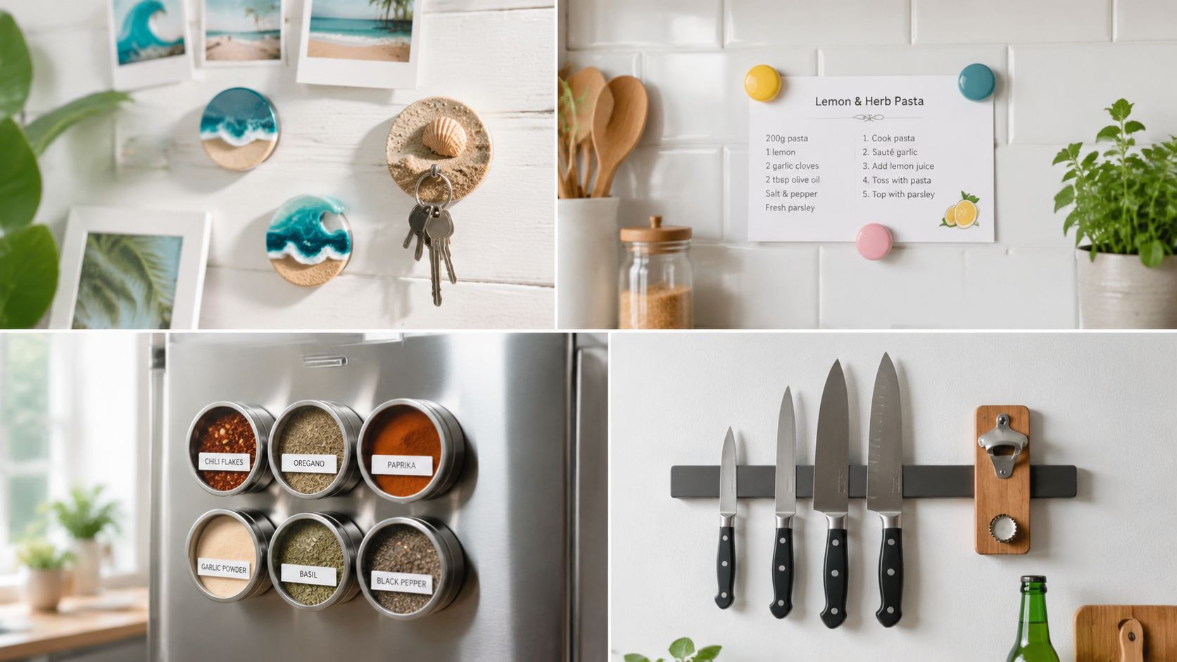 A collage showing various magnetic kitchen and home organization solutions including spice jars, knives, and decor.