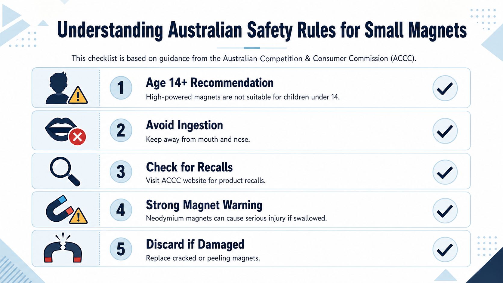 A safety checklist infographic illustrating five essential rules for handling small, high-powered magnets safely in Australia.