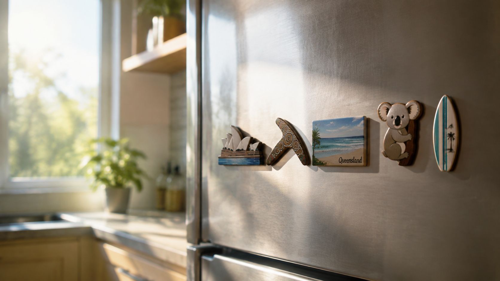 A stainless steel refrigerator door decorated with various Australian themed souvenirs and travel magnets.