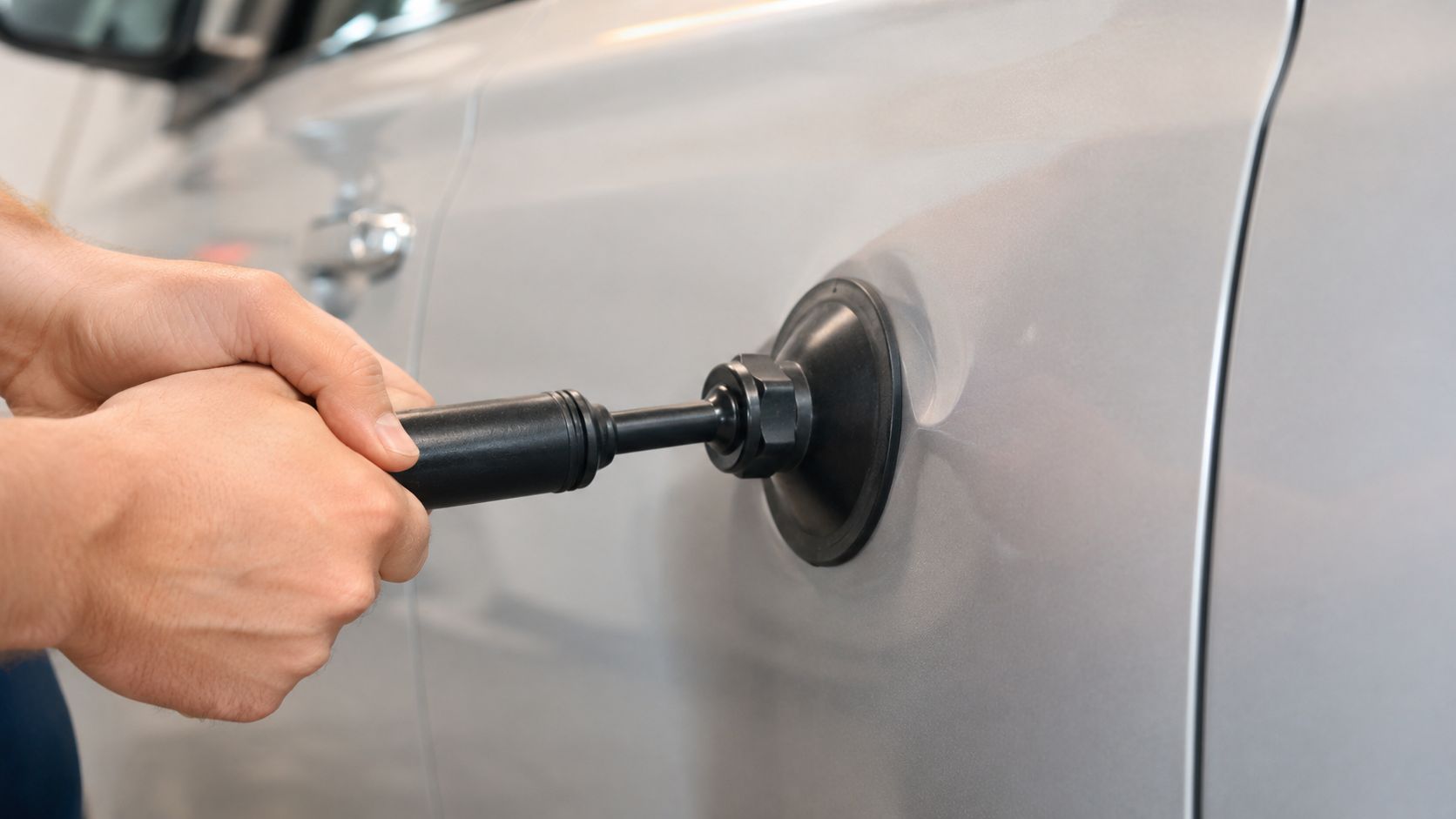 A technician using a black suction cup tool to remove a dent from a silver car door.