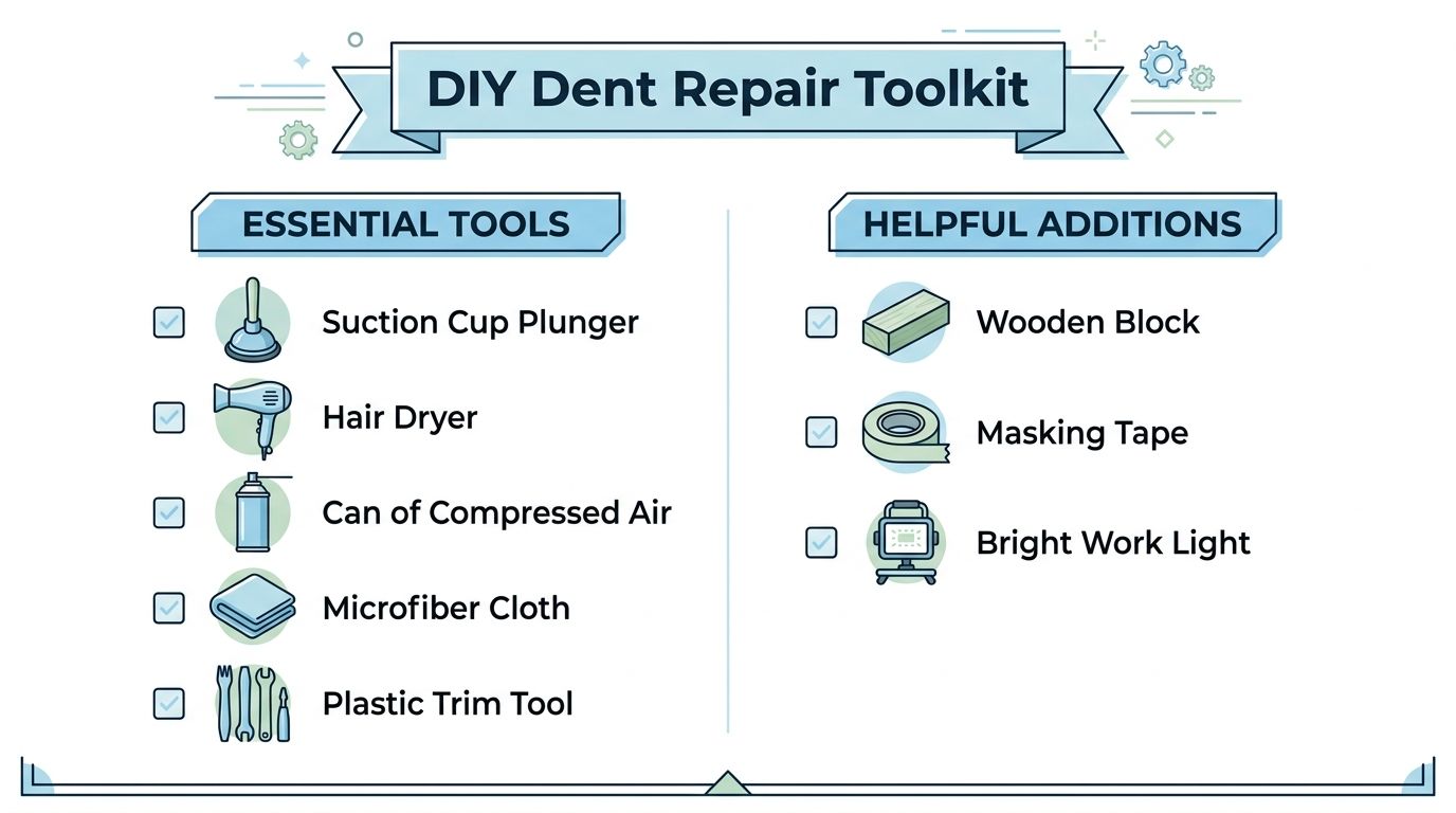 A checklist infographic titled DIY Dent Repair Toolkit listing essential tools and helpful additions for car maintenance.