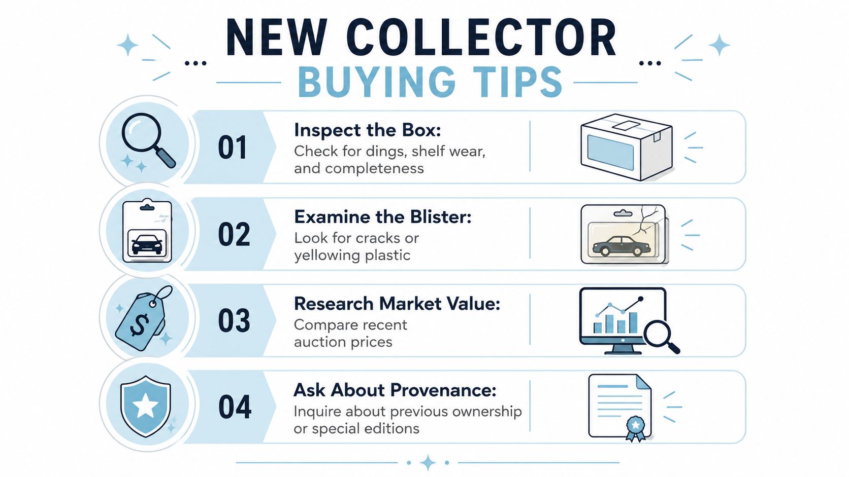 An infographic titled New Collector Buying Tips with four numbered steps for evaluating collectible car models.