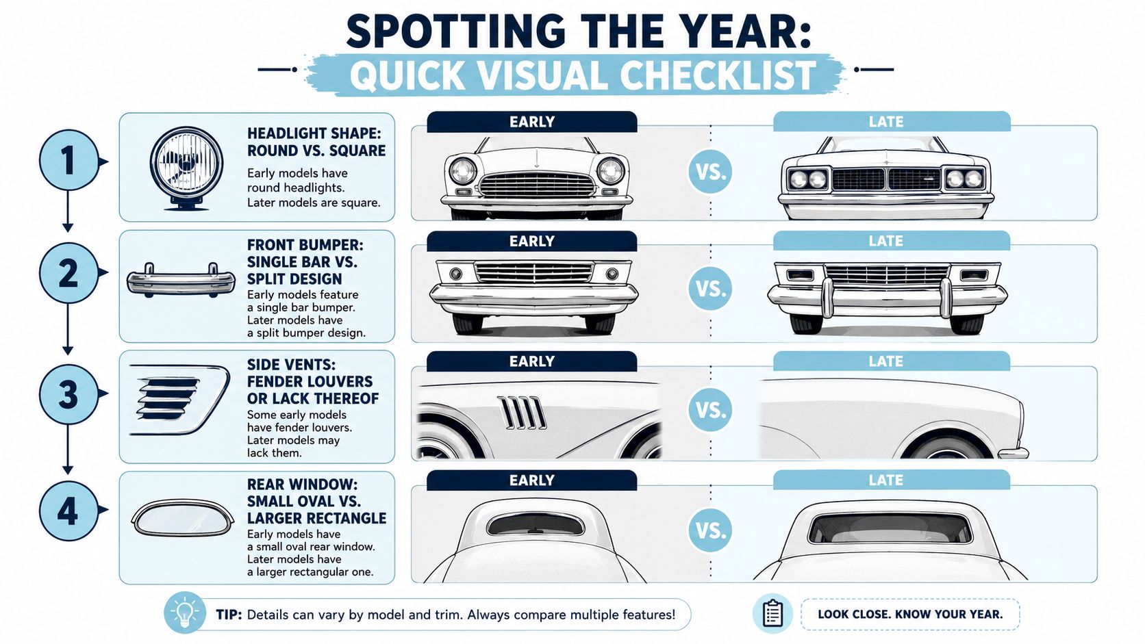 A visual guide comparing early and late model Karmann Ghia design features like headlights, bumpers, vents, and windows.
