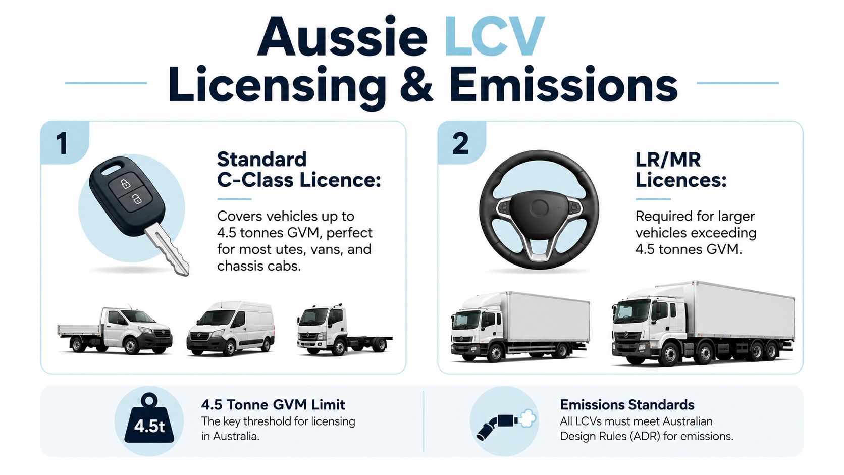An infographic detailing Australian light commercial vehicle licensing requirements and GVM limits based on vehicle size.