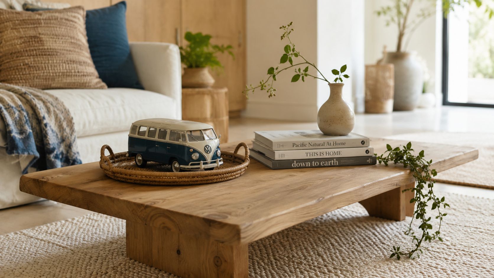 A minimalist living room coffee table styled with a VW van model, books, and a small vase.