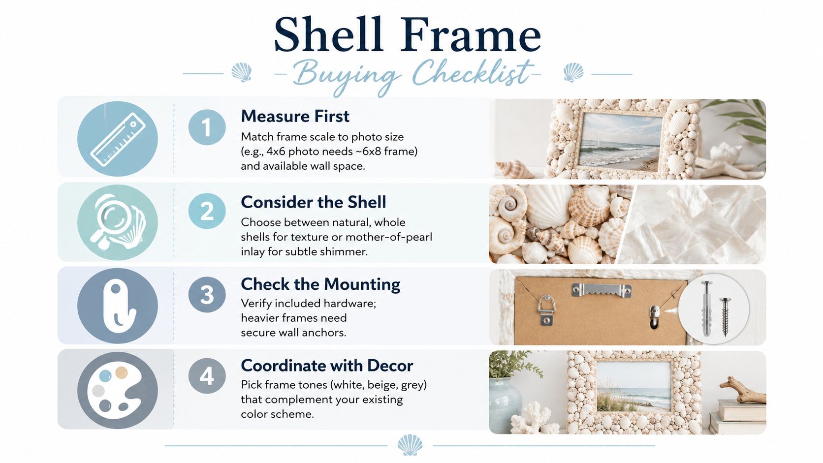 A four-step buying checklist for choosing shell photo frames, including tips on sizing, style, and mounting.