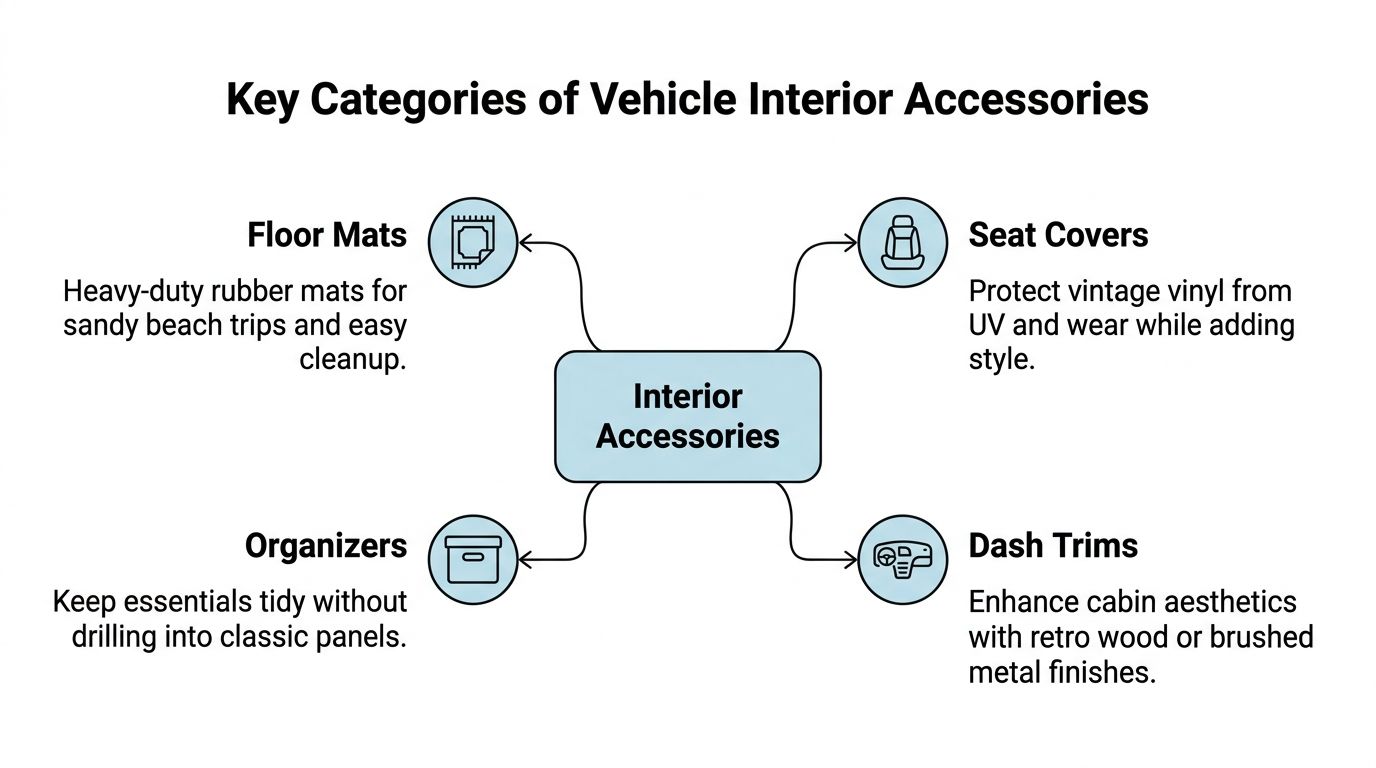 A diagram illustrating four key categories of vehicle interior accessories including floor mats, seat covers, organizers, and dash trims.