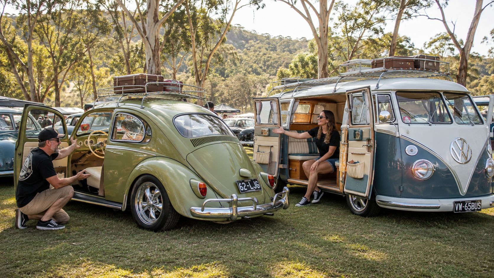 A man and woman admire vintage Volkswagen vehicles during a sunny outdoor car show event.