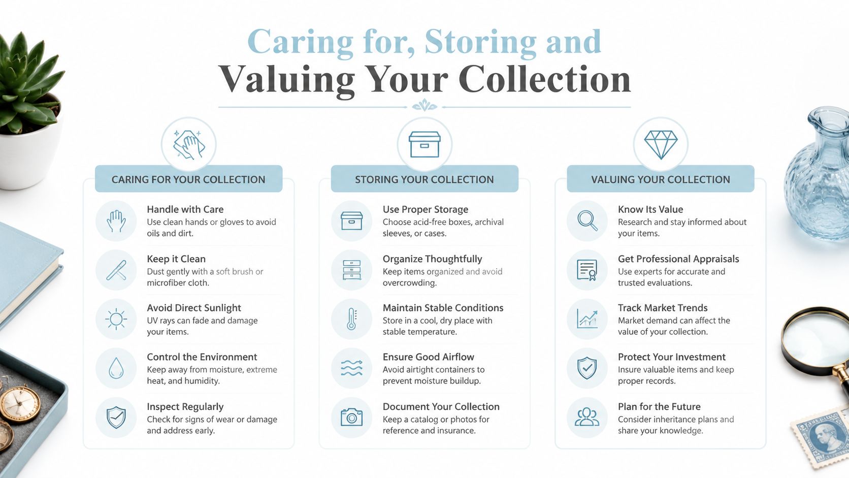 An infographic detailing essential steps for properly caring, storing, and valuing vintage collectible items.
