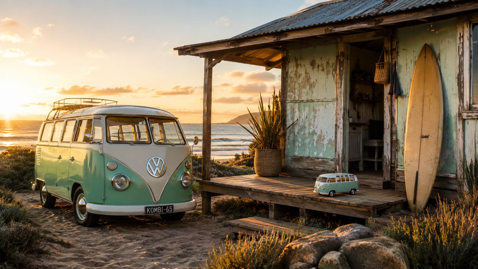 A vintage mint green Volkswagen bus parked on a sandy beach next to a rustic coastal cabin.