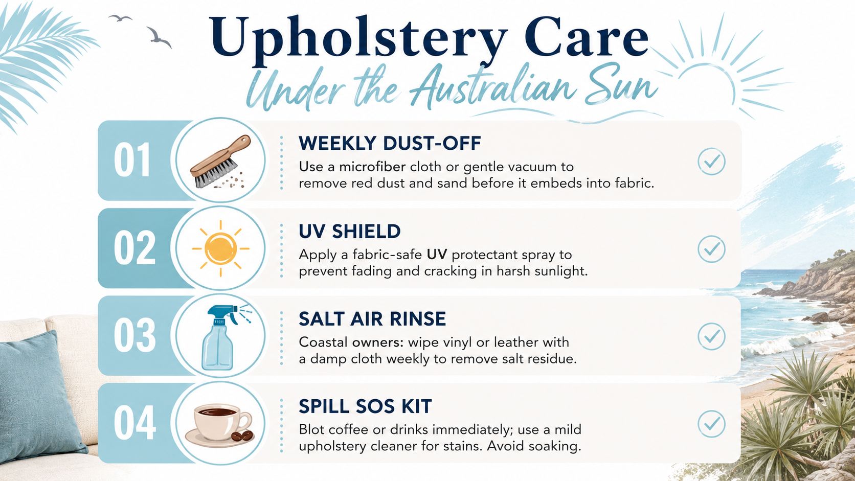 An infographic titled Upholstery Care Under the Australian Sun providing four tips for maintaining furniture and seat covers.