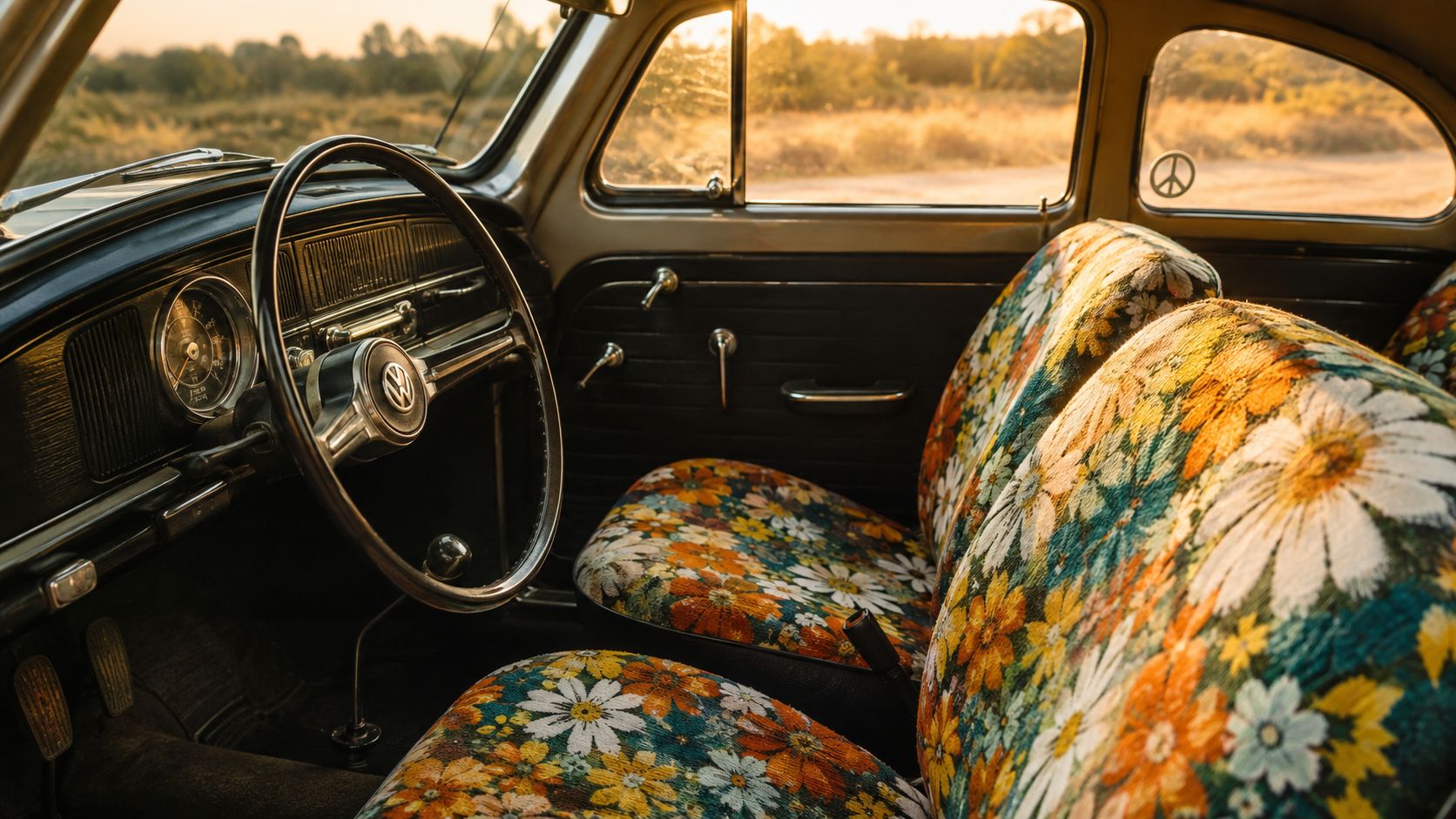 The vintage interior of a classic Volkswagen Beetle featuring colorful retro floral print seat covers.