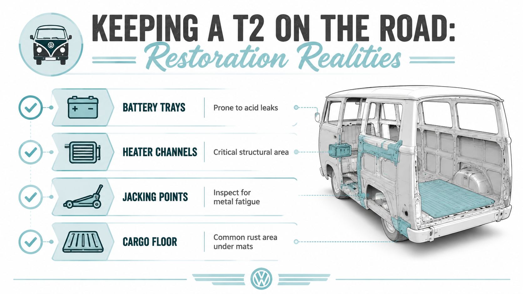 A diagram highlighting critical areas of a Volkswagen T2 transporter van prone to rust and wear during restoration.