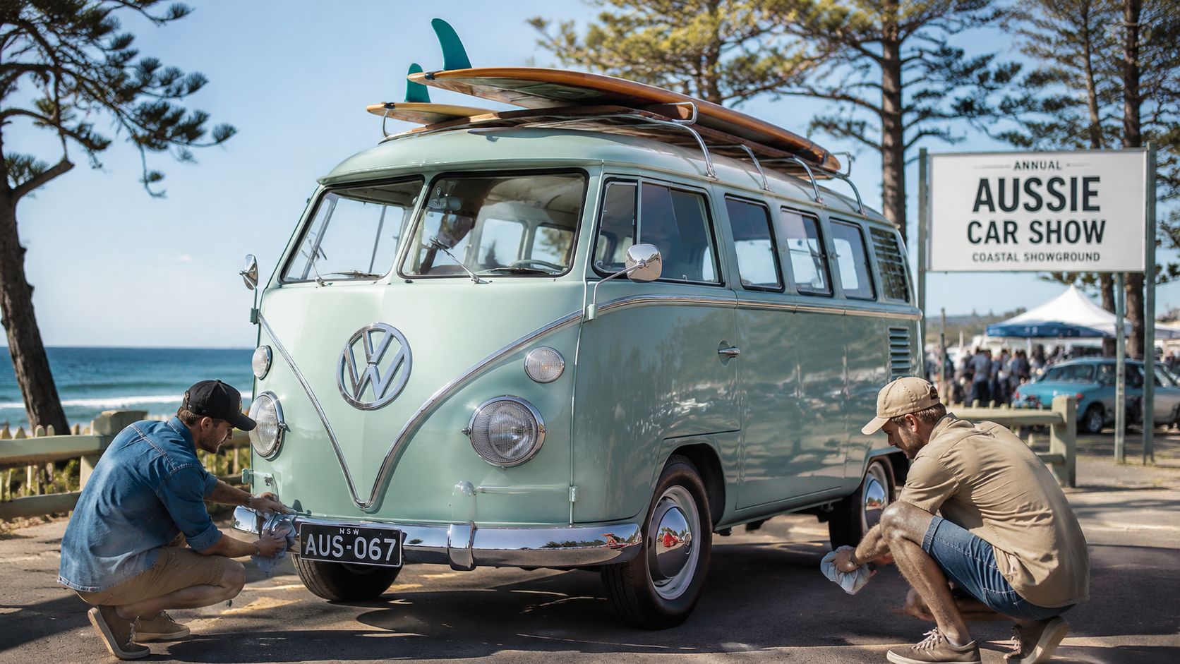 Two men kneeling and cleaning a vintage light green Volkswagen van at an Aussie car show.