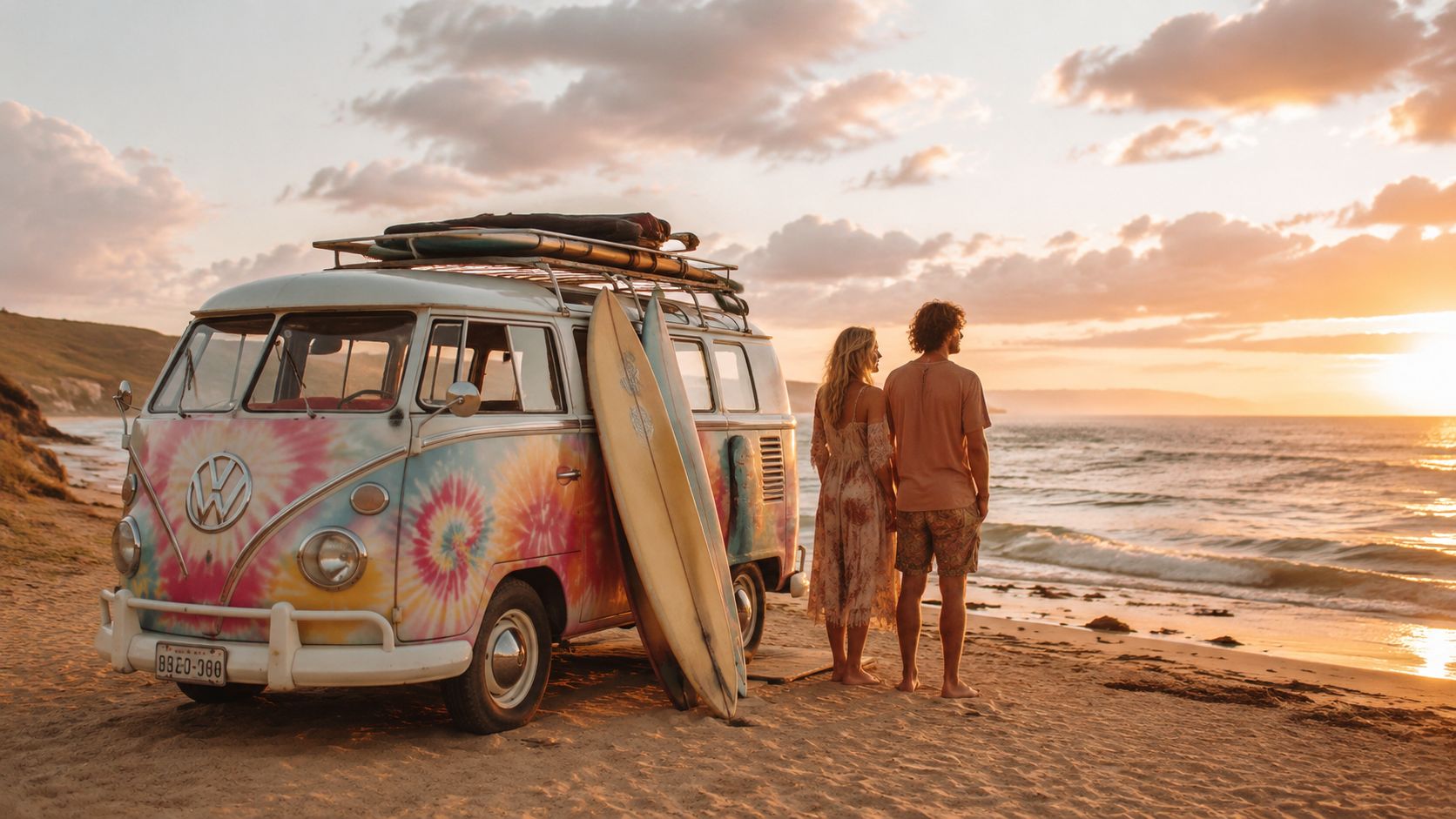 A couple stands next to a tie-dye Volkswagen van with surfboards on a beach at sunset