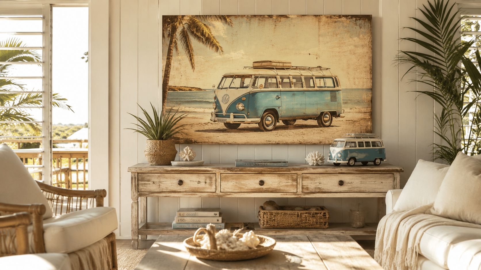 A rustic coastal living room featuring a large vintage Volkswagen van wall art piece above a wooden console table.