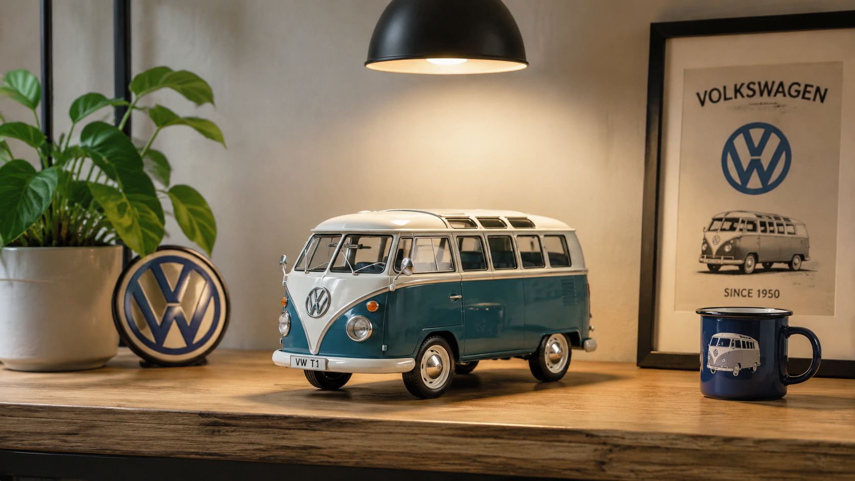 A miniature Volkswagen T1 campervan model sits on a wooden desk next to matching VW-themed decor items.