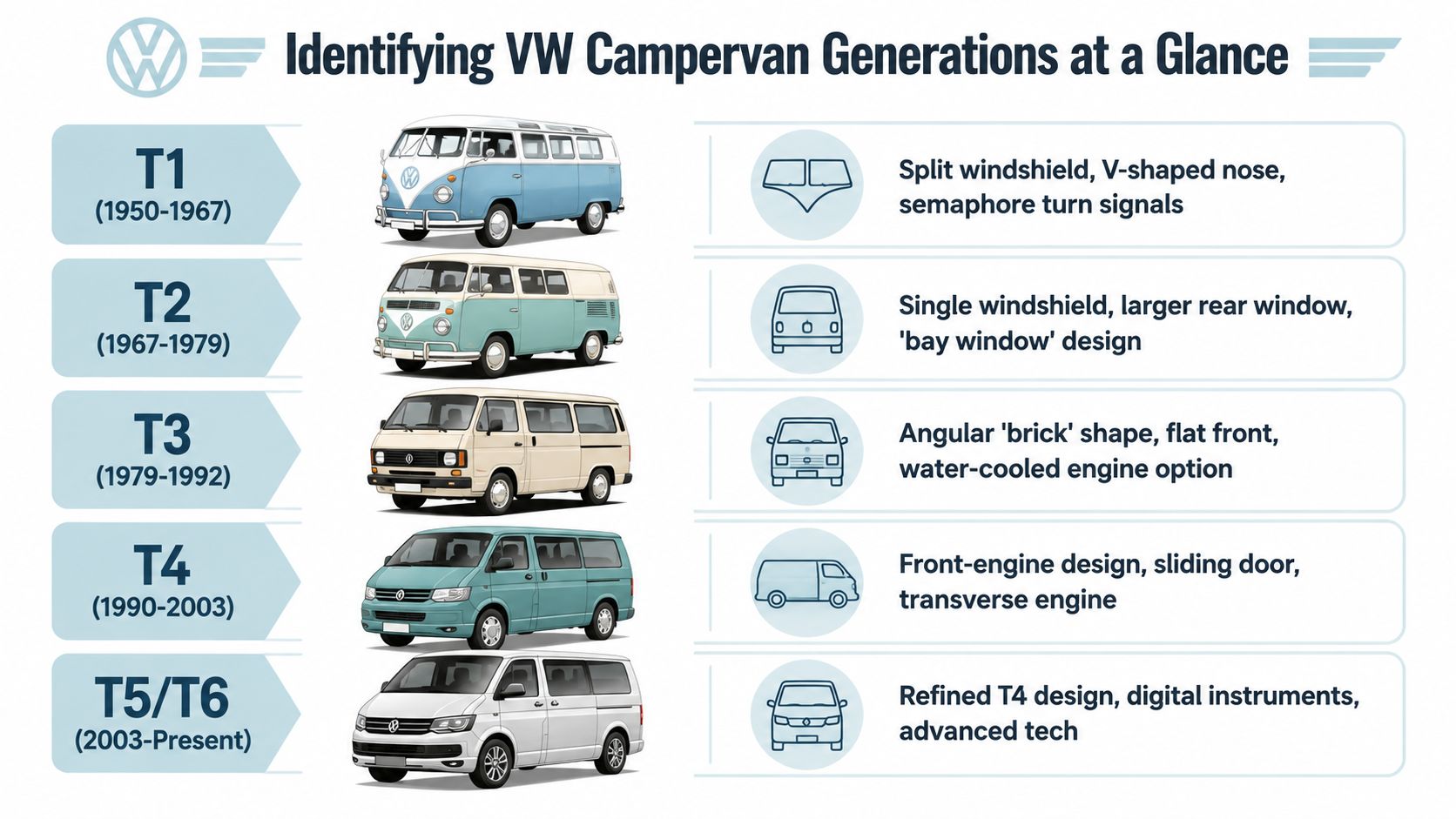 A chart illustrating the various VW campervan generations from T1 to T5/T6 with key design features.