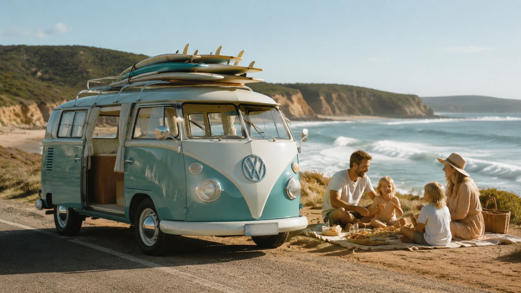 A family having a beach picnic next to their vintage blue and white VW campervan at sunset.