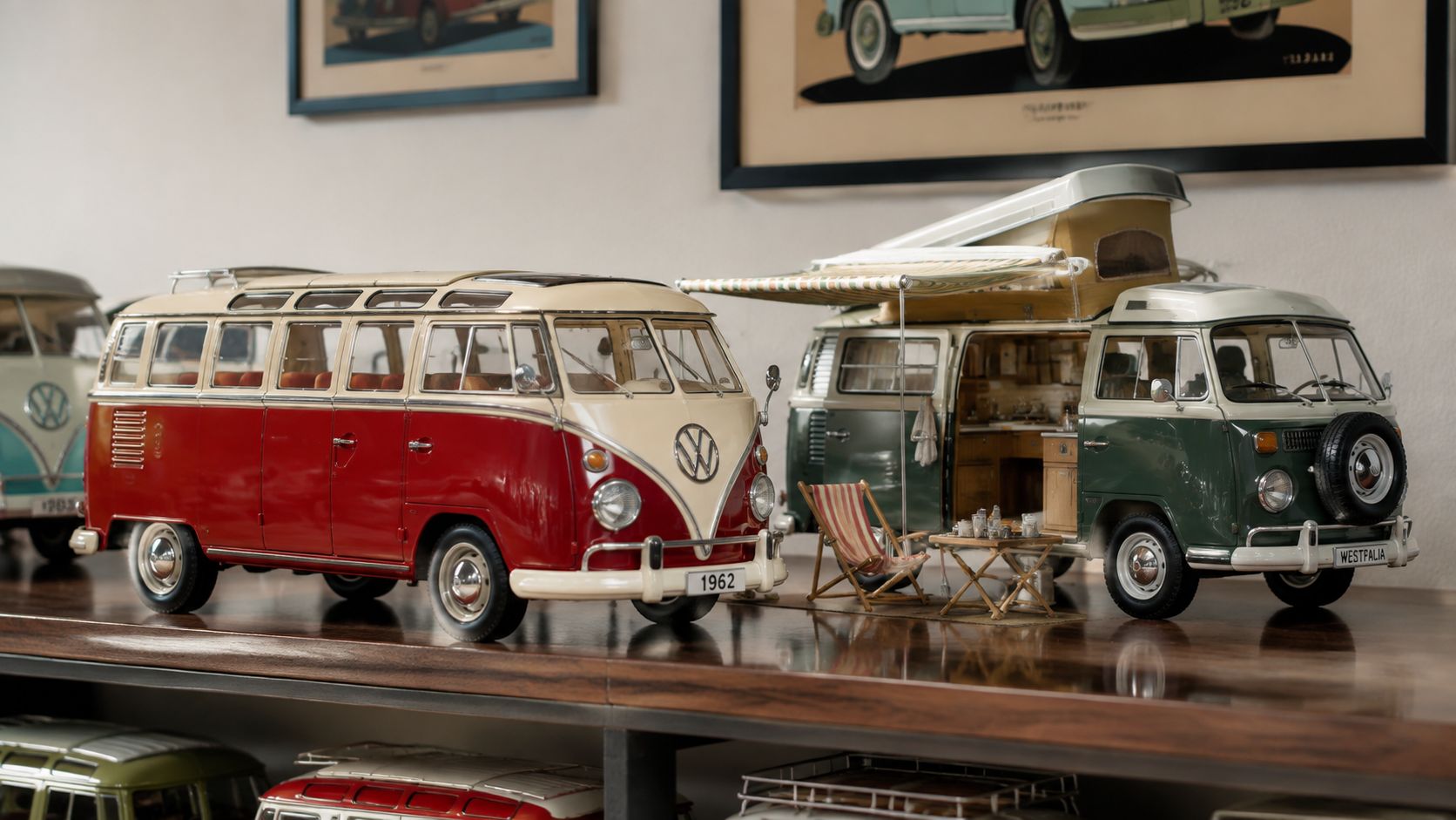 A shelf displaying miniature Volkswagen campervan models, featuring a red and cream van and a green Westfalia camper.