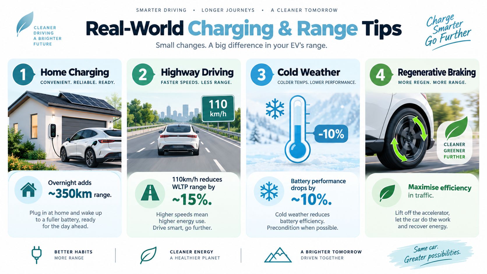 An infographic detailing four tips for improving electric vehicle charging and range, including home charging and weather factors.