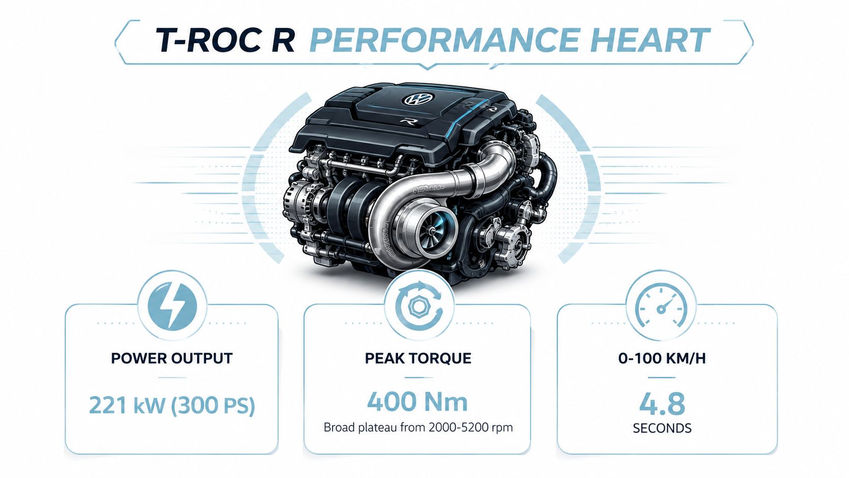 A technical infographic detailing the T-Roc R engine performance specifications including power output, peak torque, and acceleration.