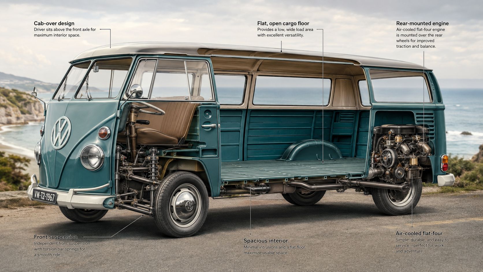 A cutaway view of a classic Volkswagen T2 van showcasing its cab-over design, interior, and rear engine layout.