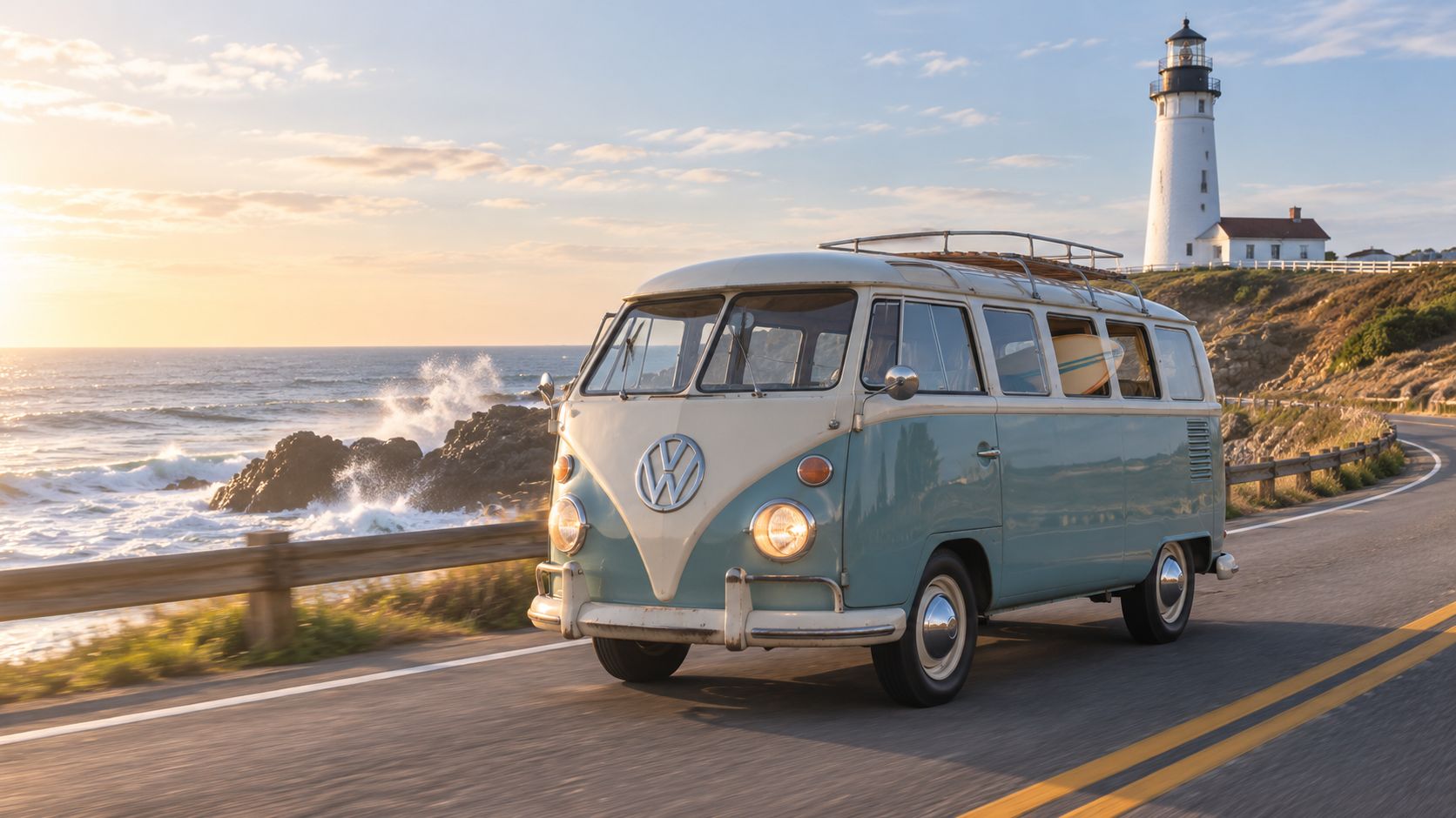 A classic blue and white Volkswagen Kombi van driving along a coastal road near a lighthouse.