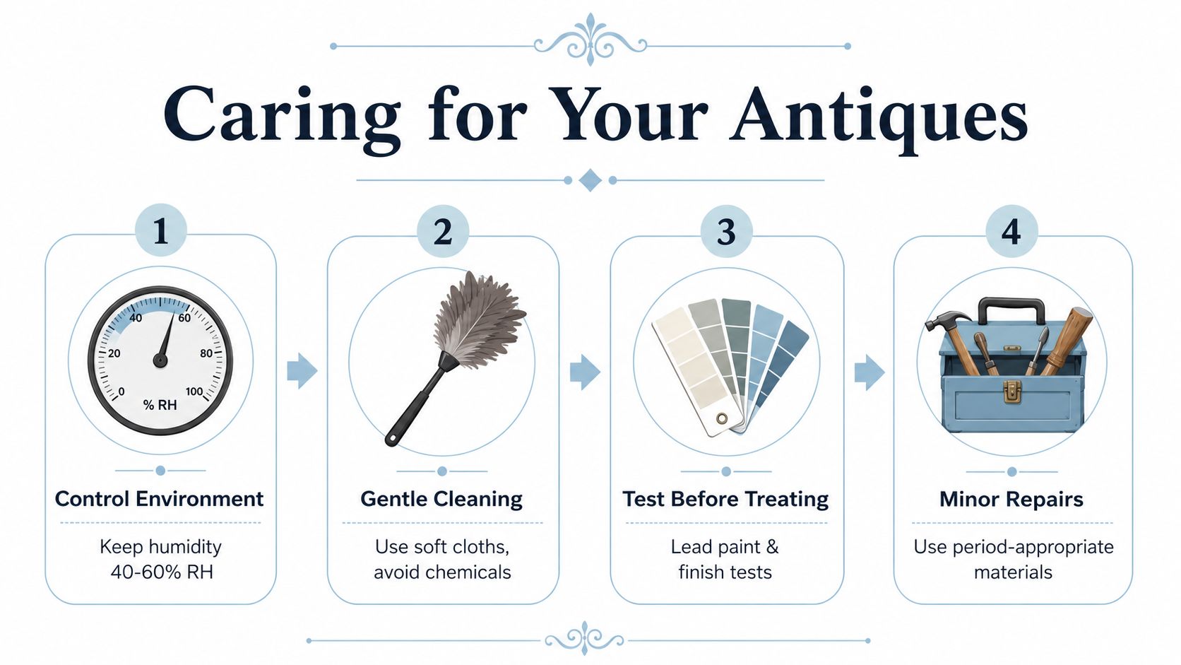 An infographic titled Caring for Your Antiques offering four steps for maintenance and preservation.