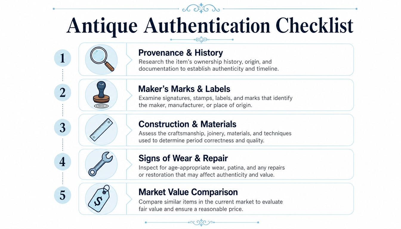 A checklist of five essential steps to follow when authenticating antique home decor and collectibles.