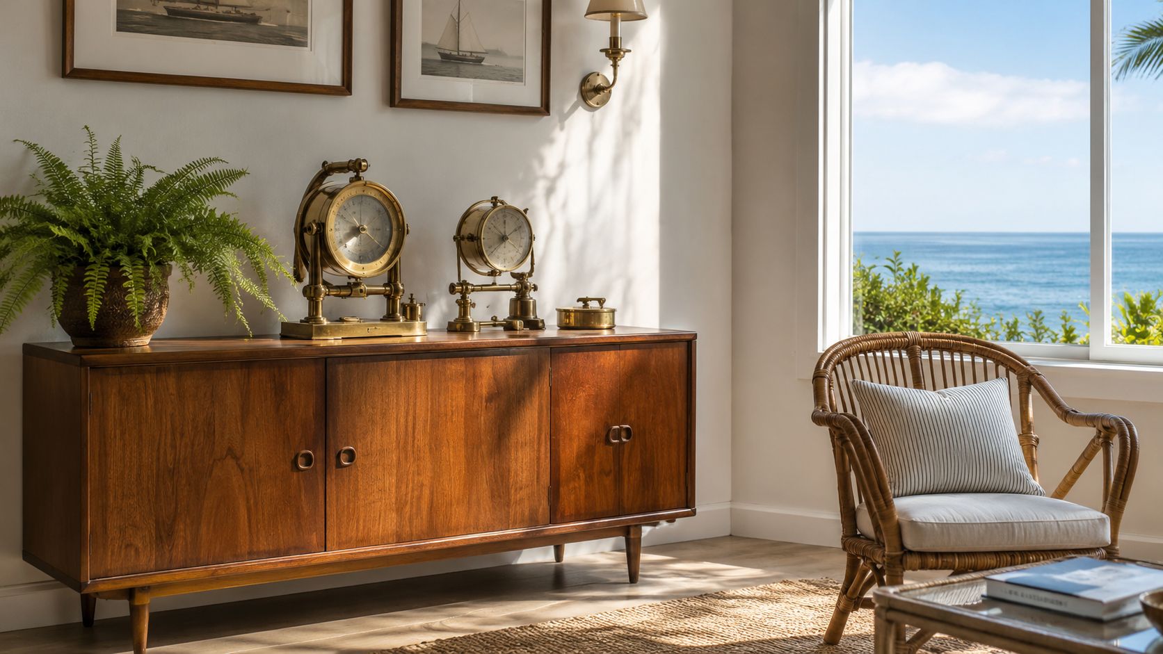 A wooden sideboard decorated with vintage brass nautical instruments sits in a bright, sunlit coastal living room.