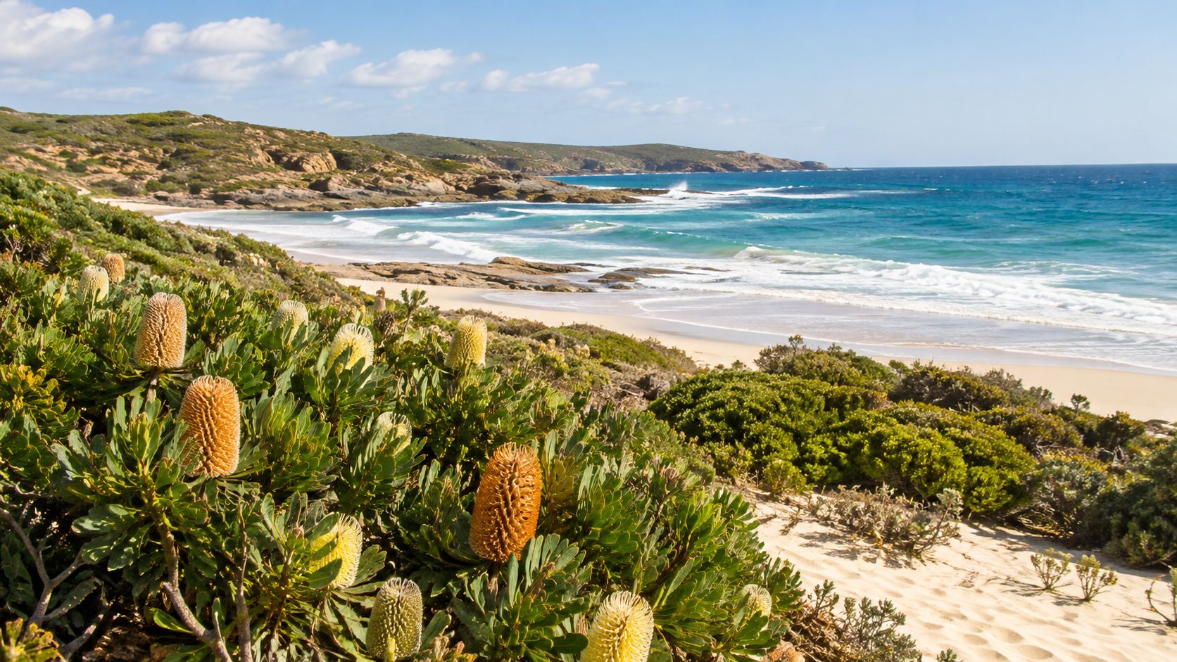 A coastal landscape featuring vibrant banksia flowers in the foreground overlooking a sandy beach and ocean waves.