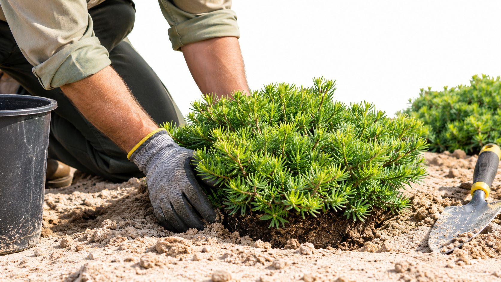 A gardener wearing gloves planting a small, lush green coastal cushion shrub into sandy garden soil.
