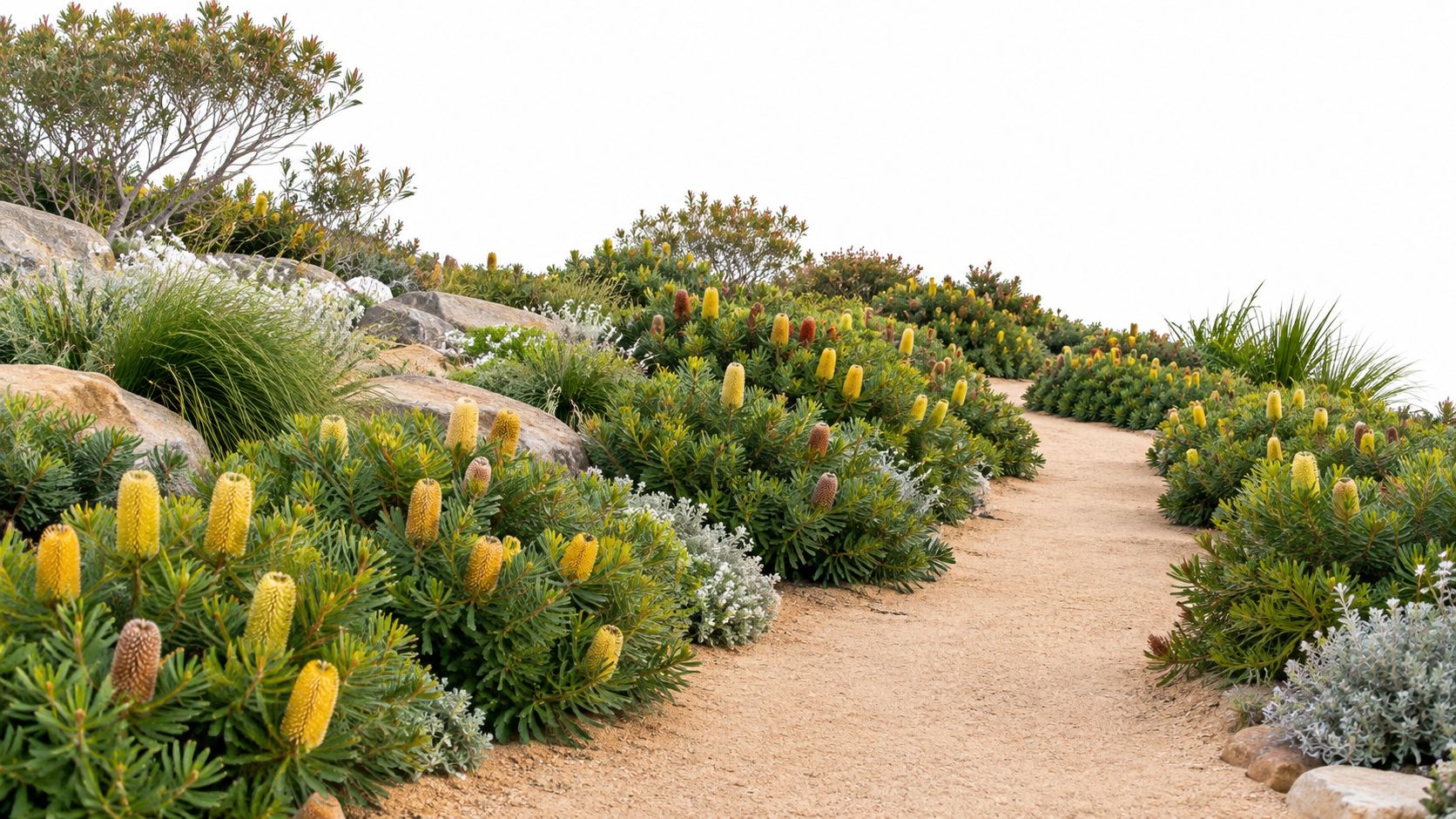 A scenic garden path lined with vibrant Banksia bushes and coastal plants on a sandy trail.