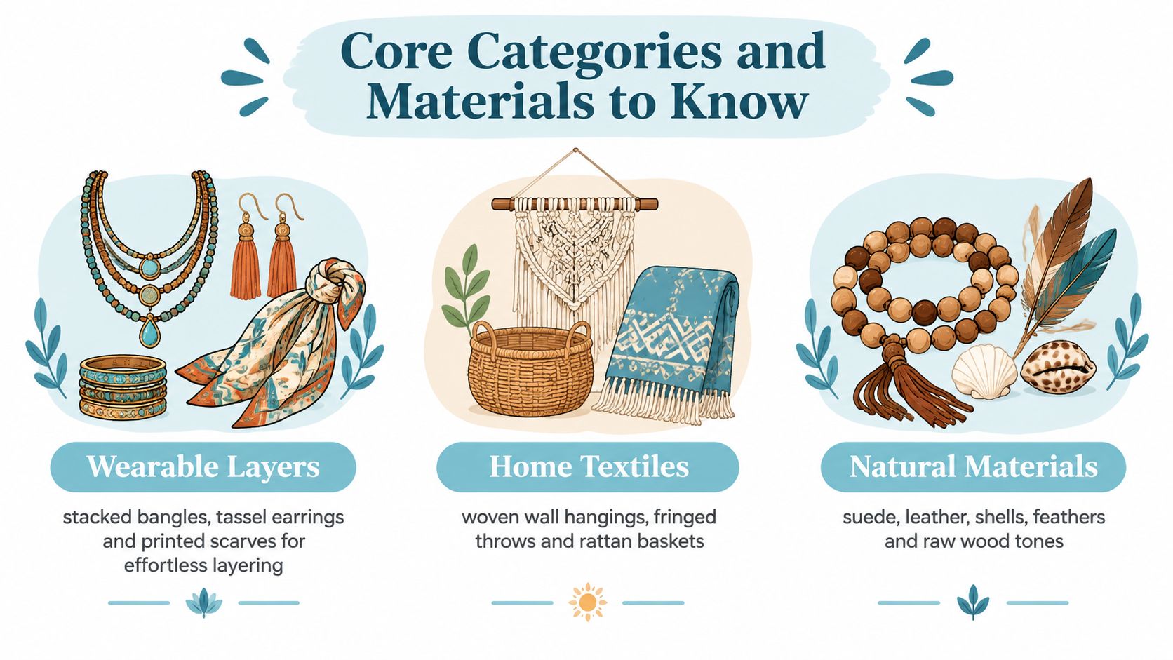 A graphic illustration highlighting boho style accessories, home textiles, and natural materials for interior and fashion design.