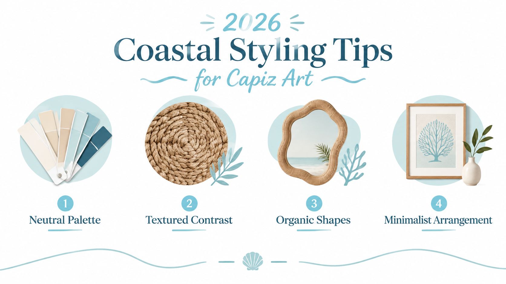 An infographic illustrating four coastal styling tips for capiz art, featuring color palettes and home decor.