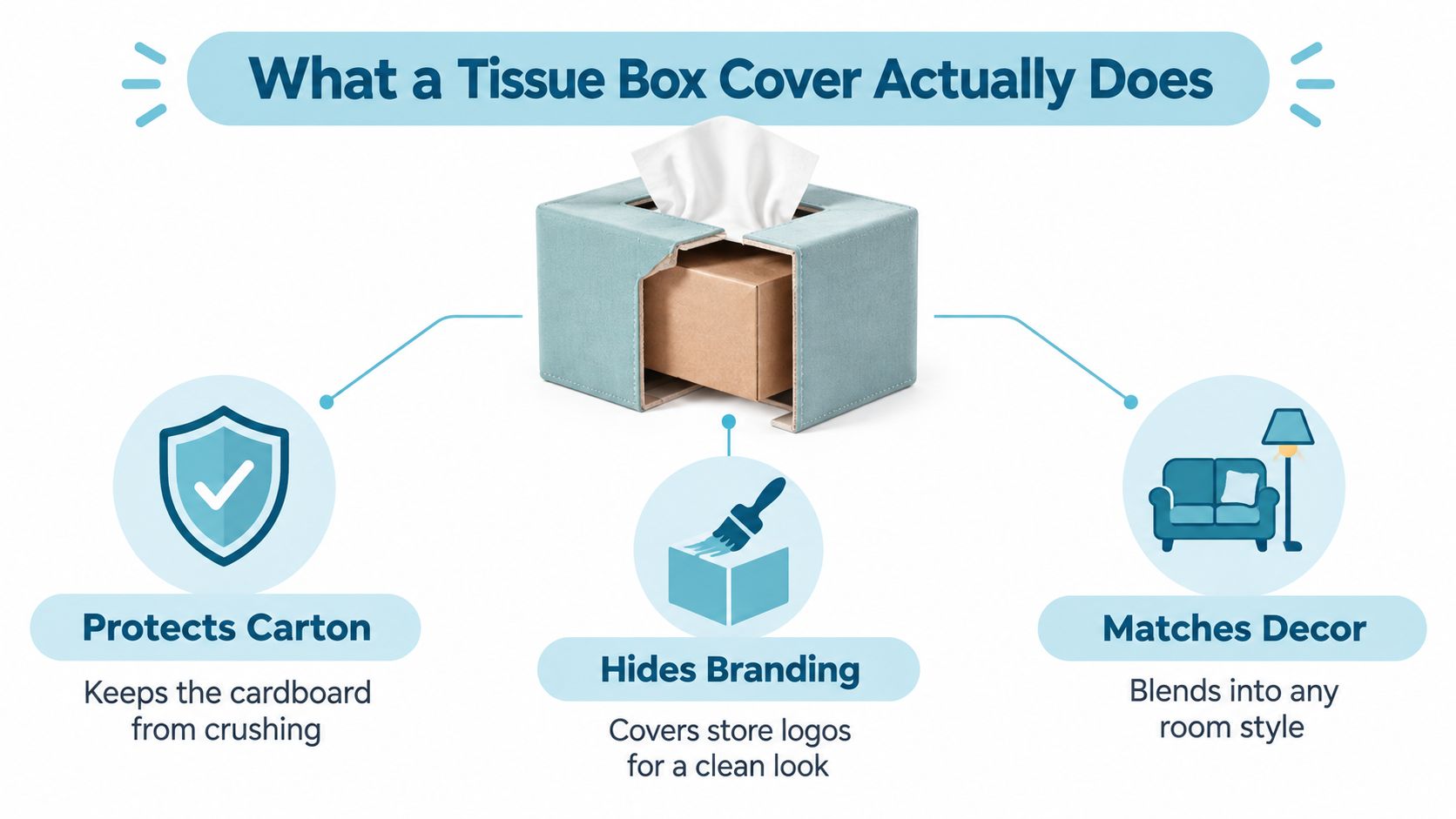 An infographic showing the benefits of using a decorative tissue box cover, including protection and style.